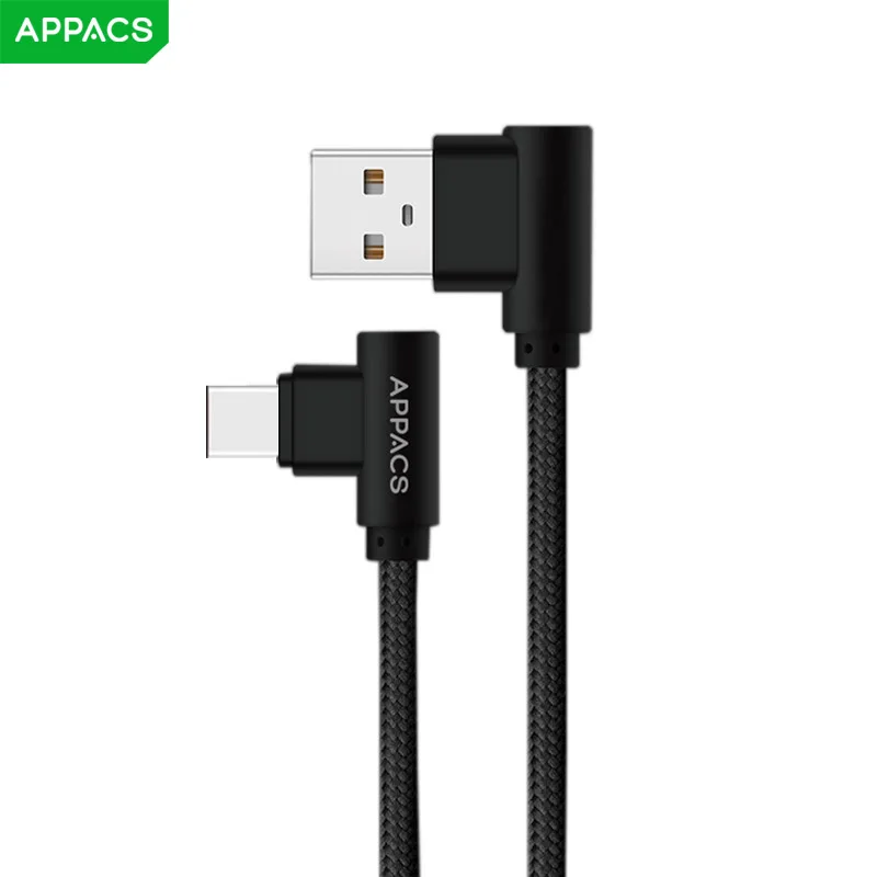 Черный APPACS нейлоновый usb type-C кабель 2.4A USB C быстрое зарядное устройство кабель синхронизации данных 90 градусов кабель type-c для Xiaomi Mi6 huawei samsung S9 - Цвет: Черный