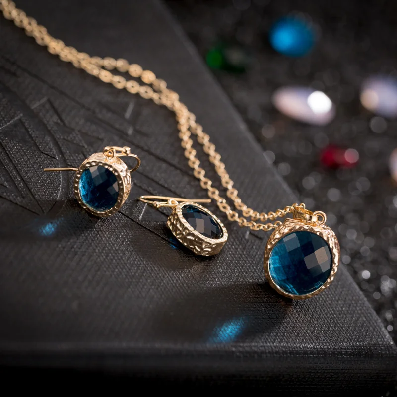 

Fashion jewelry Gold Deep Blue Cubic zirconia Pendant earrings with stones Party Jewelry Sets for women AS2011