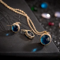 fashion jewelry gold deep blue cubic zirconia pendant earrings with stones party jewelry sets for women as2011