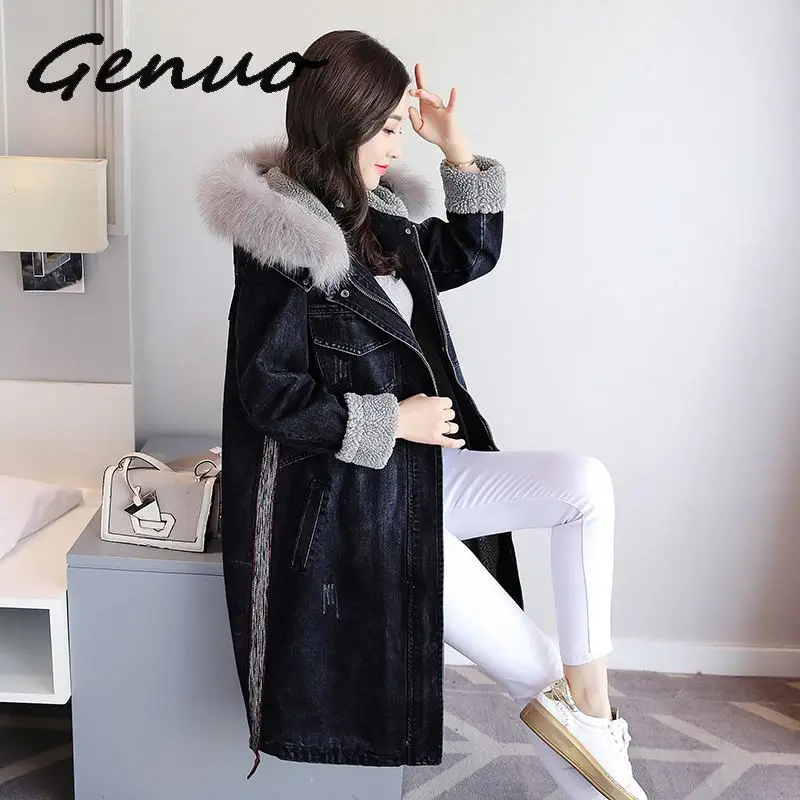 Зимняя джинсовая куртка для женщин длинные толстые куртки с капюшоном из овечьей