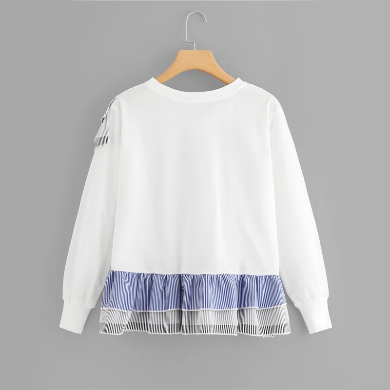 Dotfashion, полосатая Женская толстовка с оборками,, повседневная осенняя одежда с длинным рукавом, весенние женские свитшоты, пуловеры