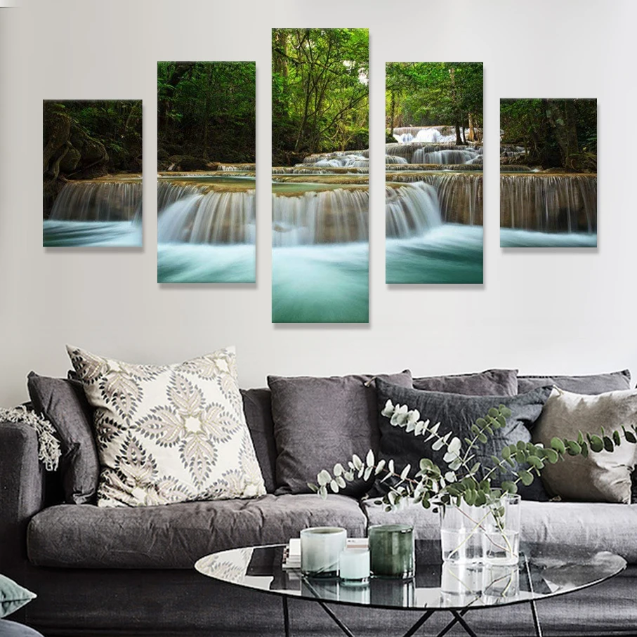 Большой водопад 5 панелей Современная печать на холсте искусство пейзаж