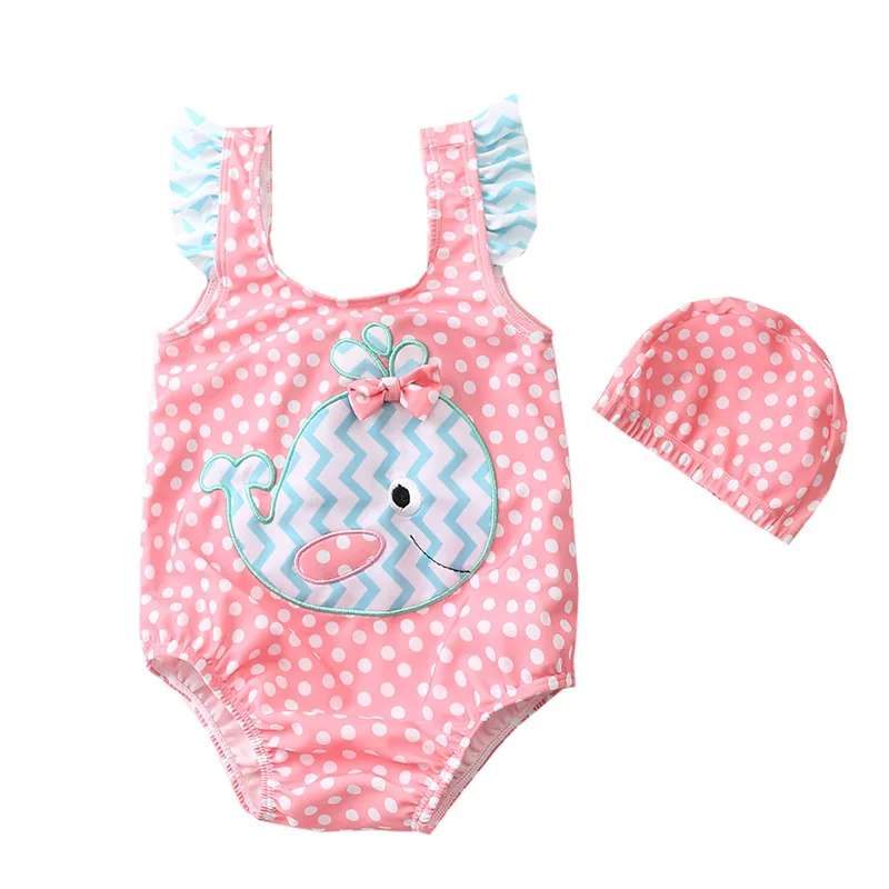 Милый детский купальник с рюшами и рисунком Кита Цельный для маленьких девочек