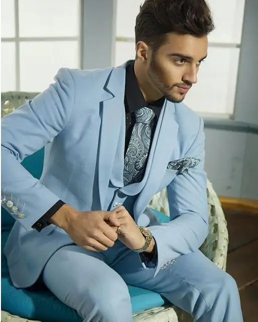 

Custom Made Sky blue Groom Tuxedos Arabic Suit Party Suit Groomsman Suit Men's Suit prom suit ( jacket+Pants+vest+tie)