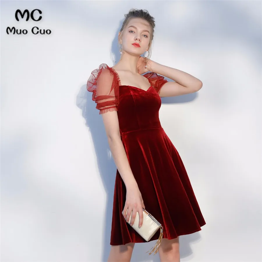 2018 платья для выпускного бургунди с короткими рукавами длиной выше колена