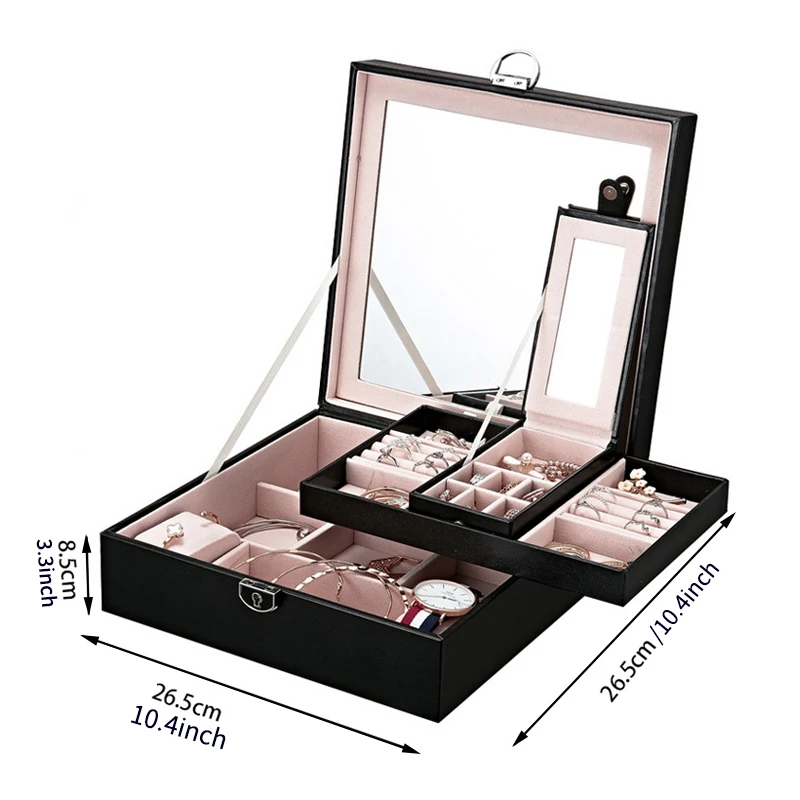 Large Capacity Leather Jewelry Box Exquisite Necklace Ring Bracelet Watch Holders With Mirror Fashion Birthday Wedding Gift Box