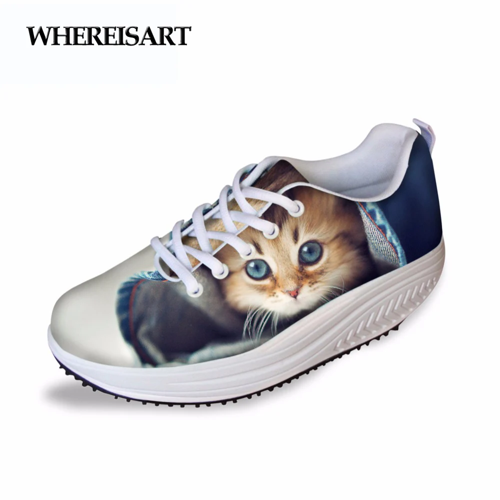 WHEREISART/Милая женская прогулочная обувь на плоской подошве с принтом кота мягкая