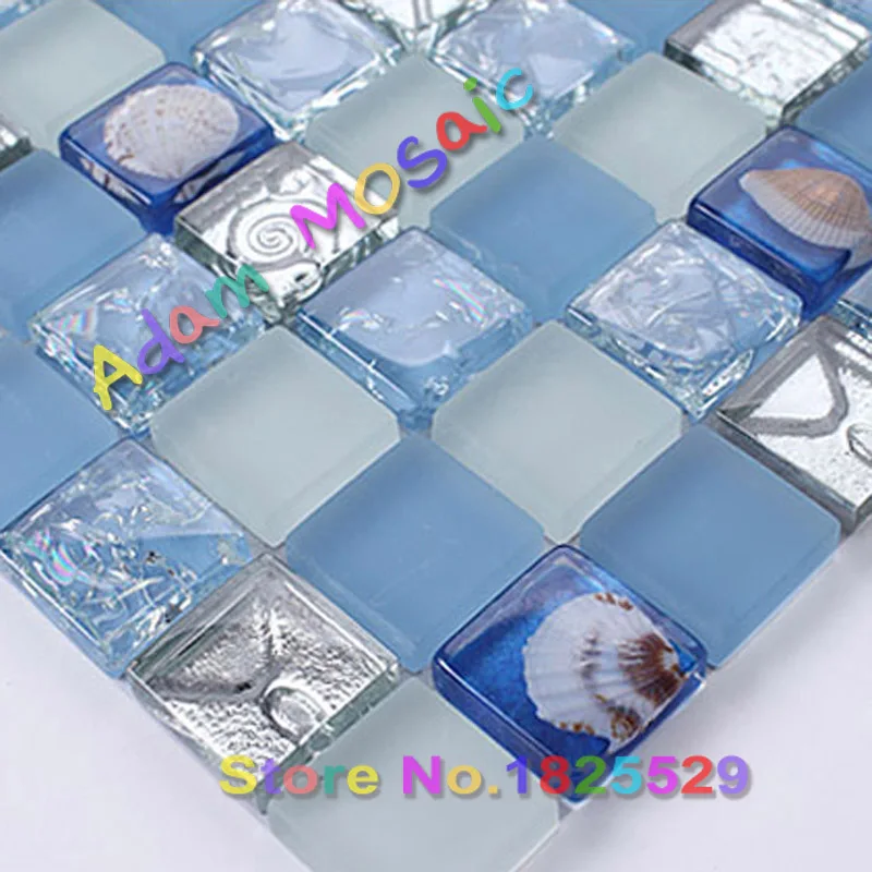 Синий Белый морские раковины плитки Squared Стекло Внутренняя Раковины Плитка