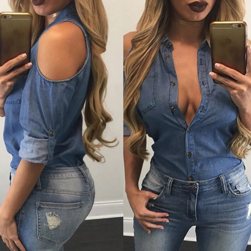 

New Sexy Blue Women Blouse Long Sleeve Off Shoulder Denim Blouse Shirts Tops Summer Ladies Casual Charm Turn Down Collar Shirts