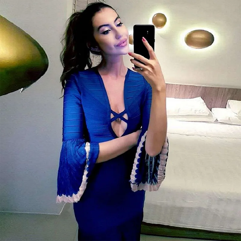 

Elegant Blue Flare Sleeve Bodycon Bandage Dress High Quality Rayon Deep V Neck Sexy Cut Out Evening Party Dress Wholesale