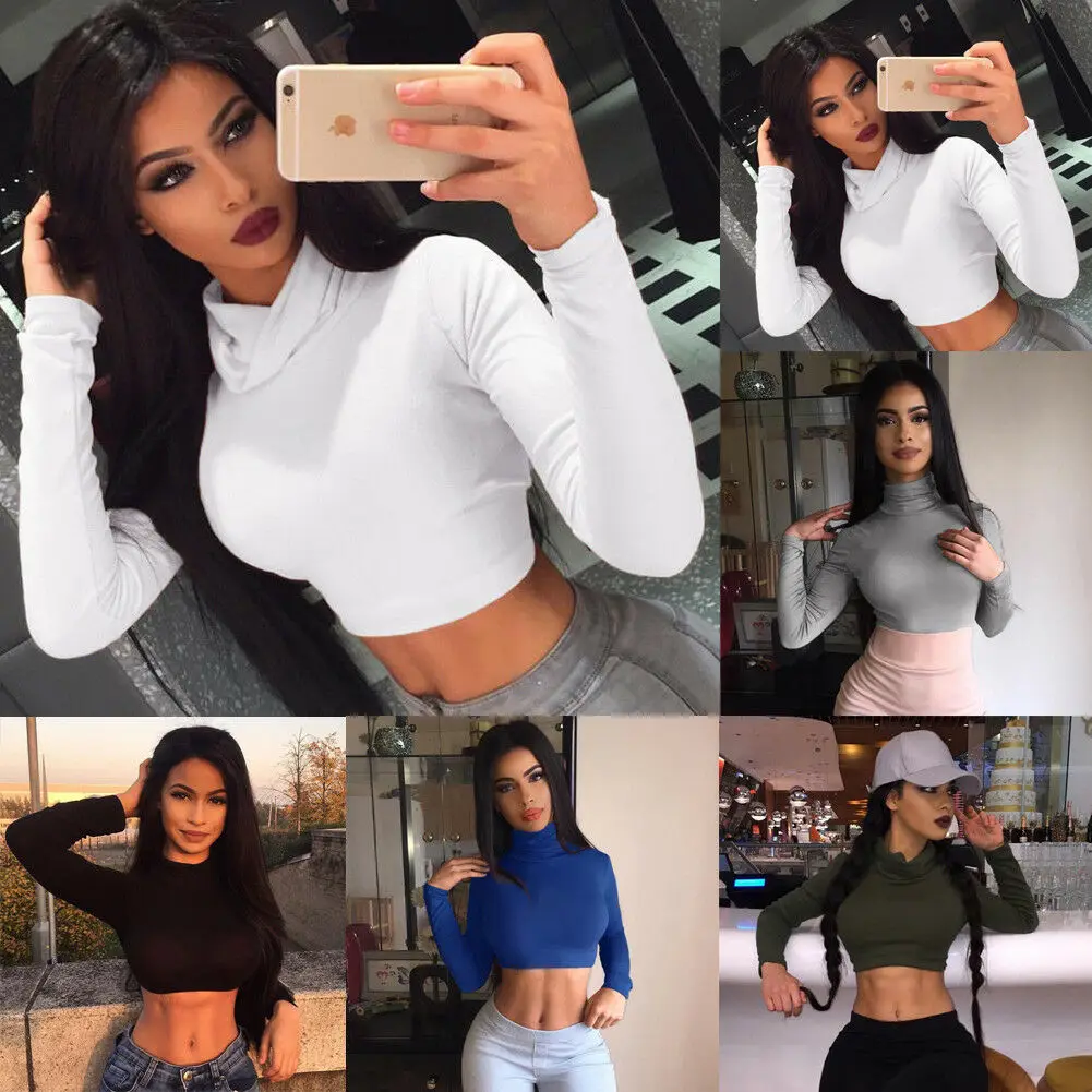 Сексуальная футболка Женская водолазка с длинным рукавом повседневный тонкий