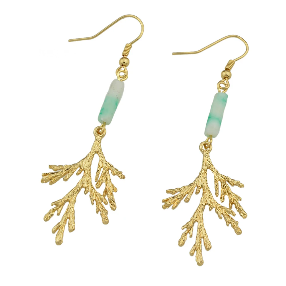 FANHUA New Arrival Brand Earrings Gold-Color Metal with White Green Stone Tree Branches Dangle for Women | Украшения и аксессуары