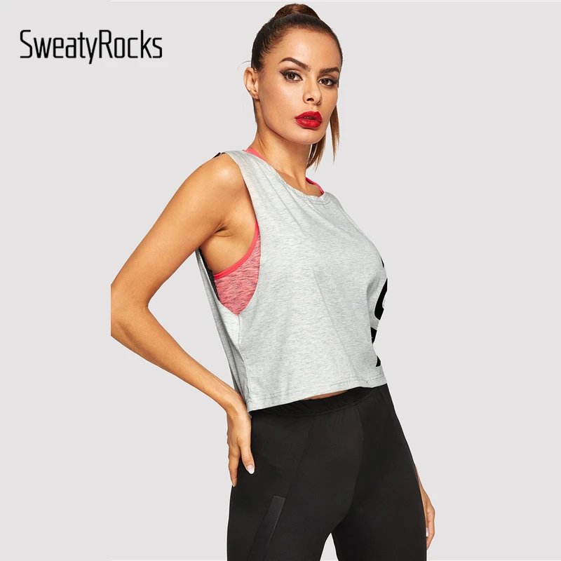 SweatyRocks, серая спортивная одежда с буквенным принтом, модная майка, Женский Летний жилет с круглым вырезом, повседневная спортивная майка