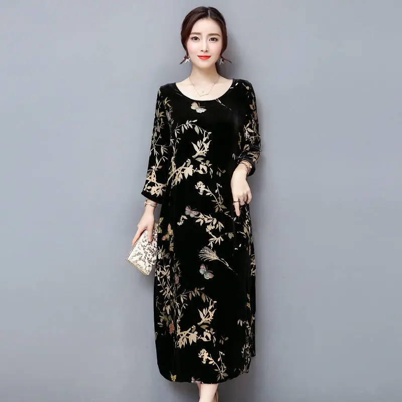 Plus Size 4XL Vintage Autumn Winter Dress Women Retro Print Gold Velvet Long Fashion T-Shirt Dresses RE2198 | Женская одежда