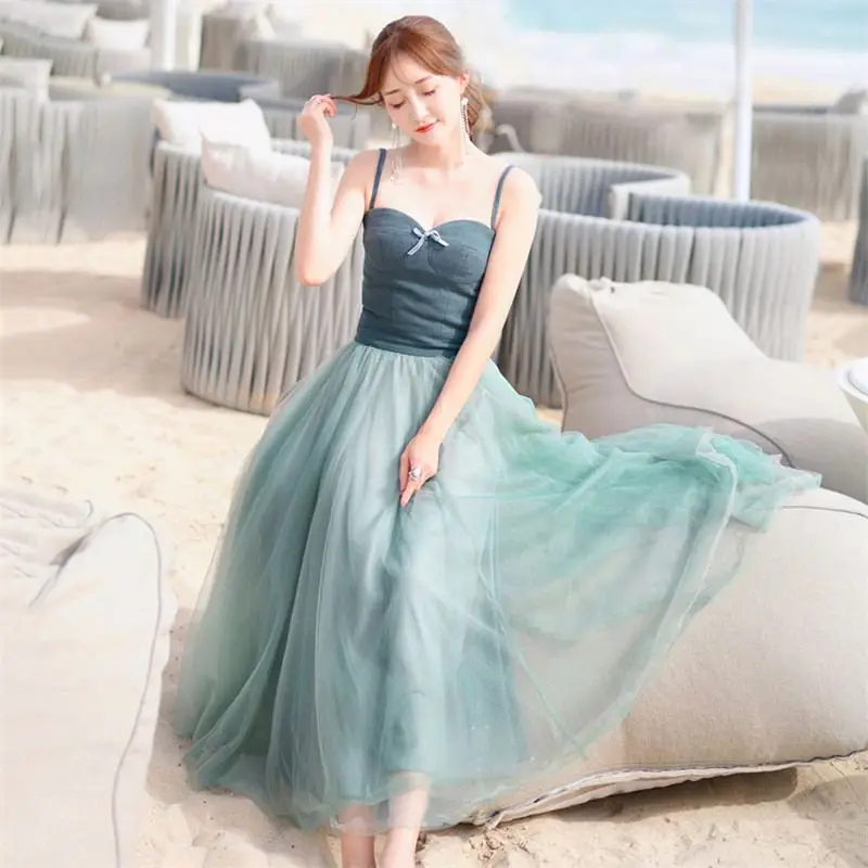 Женское Сетчатое платье-макси на бретелях однотонное милое платье с открытой