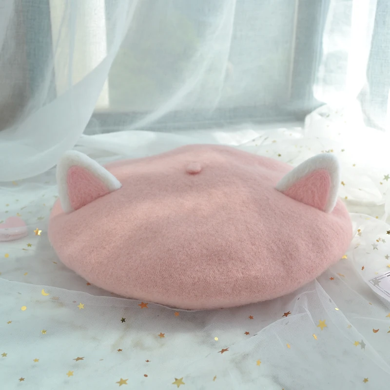 pink Ручной шерстяного фетра с кошачьими ушками береты express; meow родитель-ребенок почки шляпа - Цвет: pink