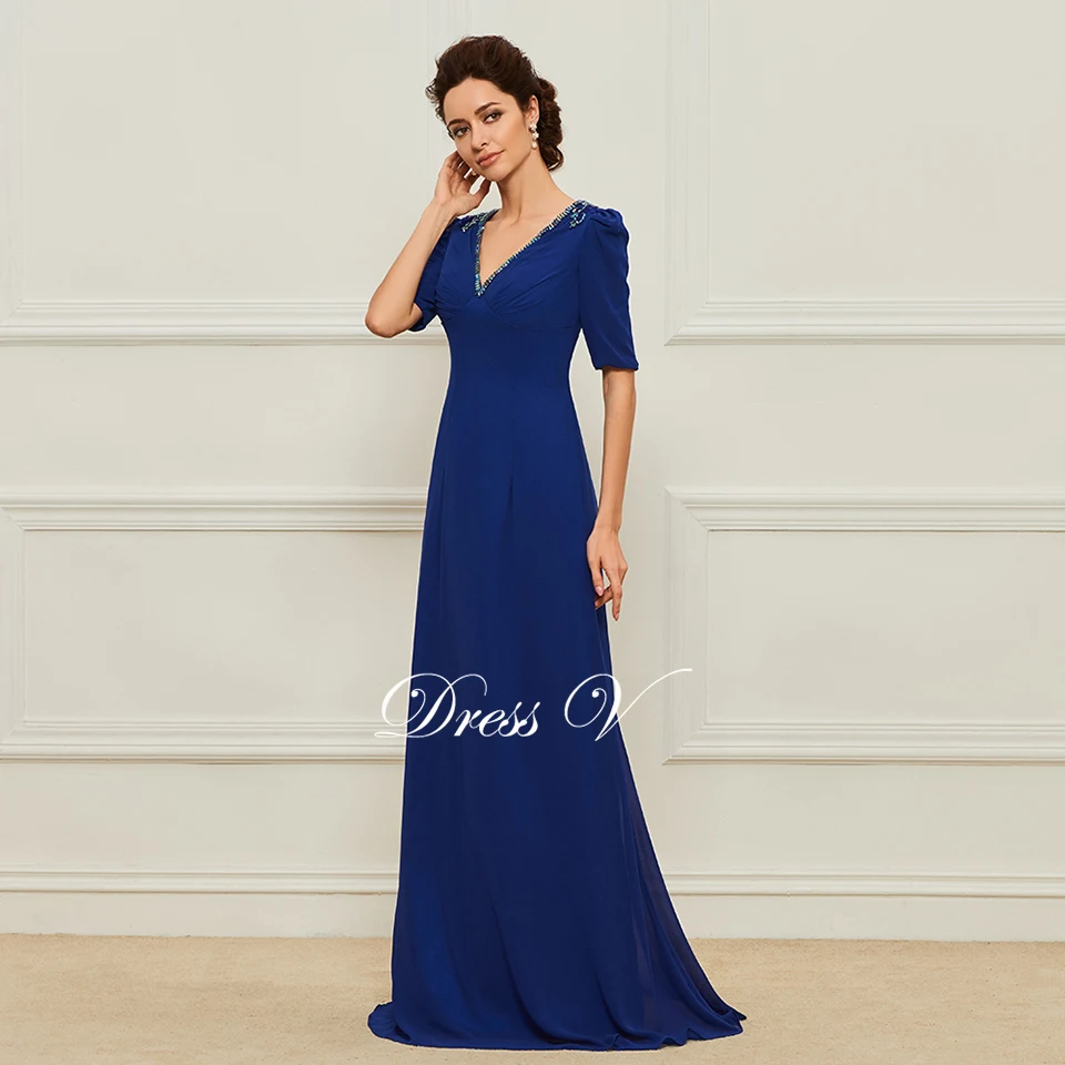 Dressv темно-Королевское синее длинное платье для матери невесты с v-образным вырезом в пол официальное с короткими рукавами с бисером вечерние платье для матери невесты