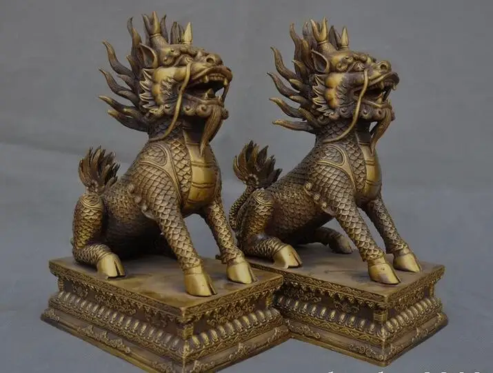 10 &quotКитайский Фэншуй латунный Дракон цилин Кирин Килин Чи-Лин Бог пара статуй
