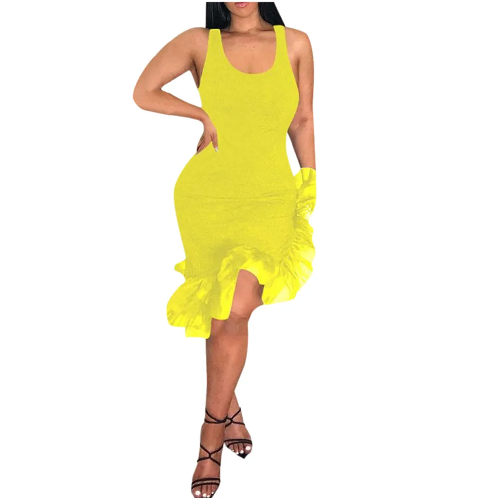 Модное женское однотонное повседневное облегающее платье без рукавов с круглым