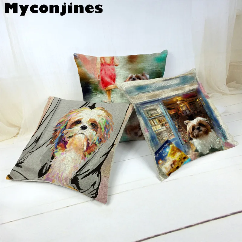 Милая мультяшная собачка, картина маслом, Shih Tzu, Наволочка на подушку, 17 дюймов, льняная декоративная домашняя подушка для сиденья автомобиля, осенняя подушка для леса