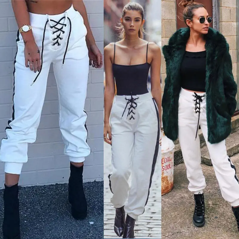 Новые женские модные брюки из полиэстера на шнуровке с высокой талией узкие