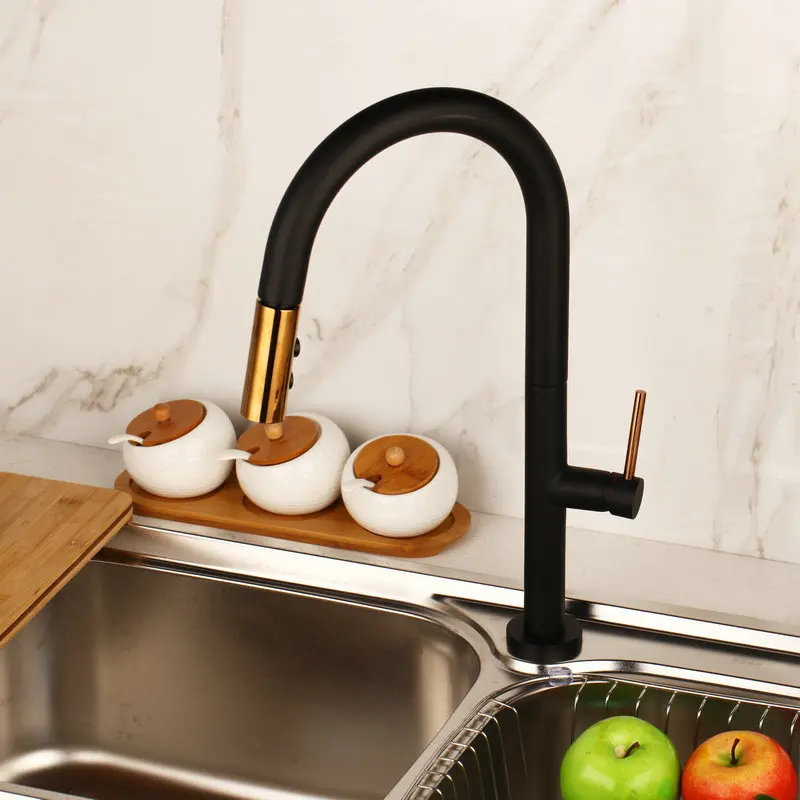 

YANKSMART Matte Black Kitchen Faucet 360 Swivel Pull Out Spout Spray Solid Brass Kitchen Basin Sink Faucet White Mixer Water Tap