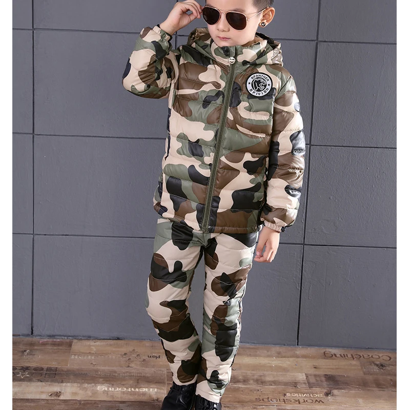 BINIDUCKLING Winter Suit For Boys Down Jacket Clothes Set Camouflage Hooded Thicken Warm Parkas+Pants for Kids Children |