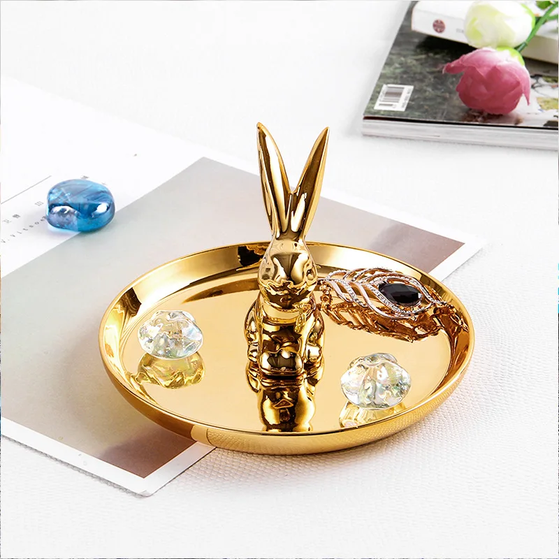 

Quality Ceramic Rabbit Figurine Storage Tray Creative Mini Nordic Desktop Decorative Electroplate Cactus Flamingo Jewelry Plates