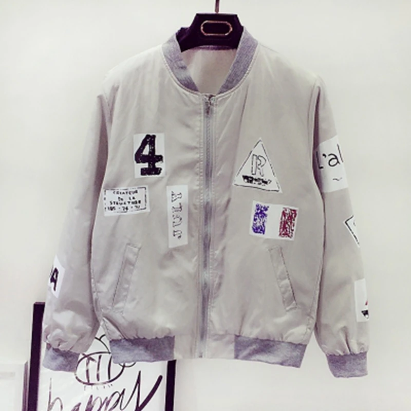2016 г. весна и осень-розовый Курточка бомбер Для женщин BF Стиль с буквенным принтом