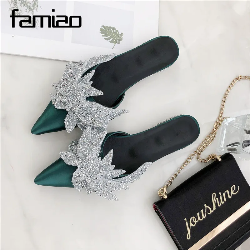 FAMIAO 2018 горный хрусталь Тапочки Мода blingbling кристалл женские мюли шелковые с