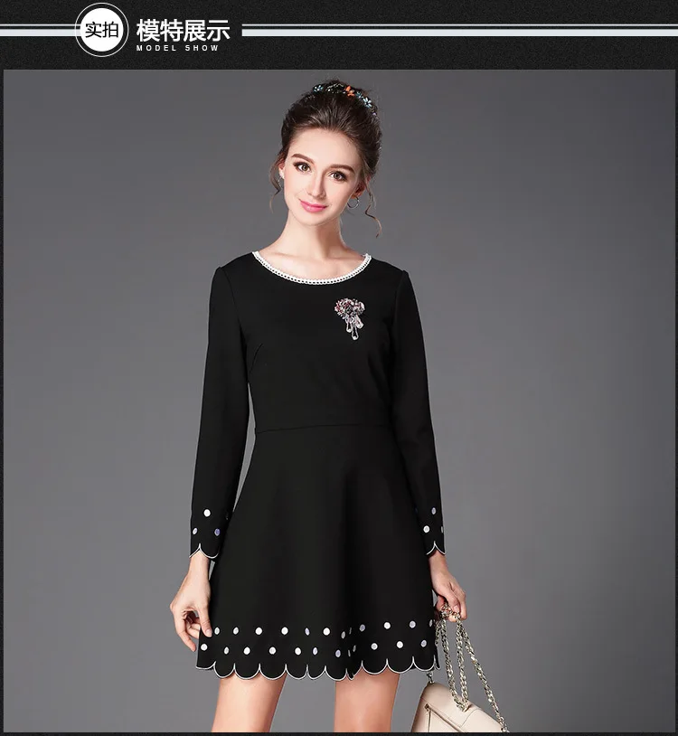 Новый осень 2017 г. дамы Элегантное платье в горошек Вышивка бисером Платье