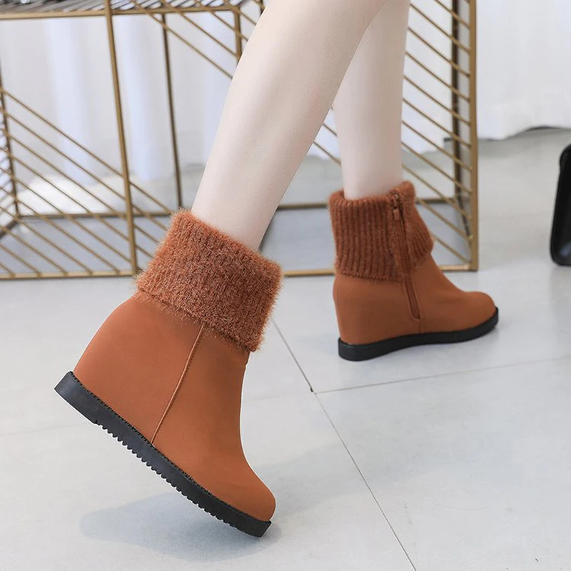 Женские зимние ботинки модная замшевая обувь без шнуровки теплая с круглым