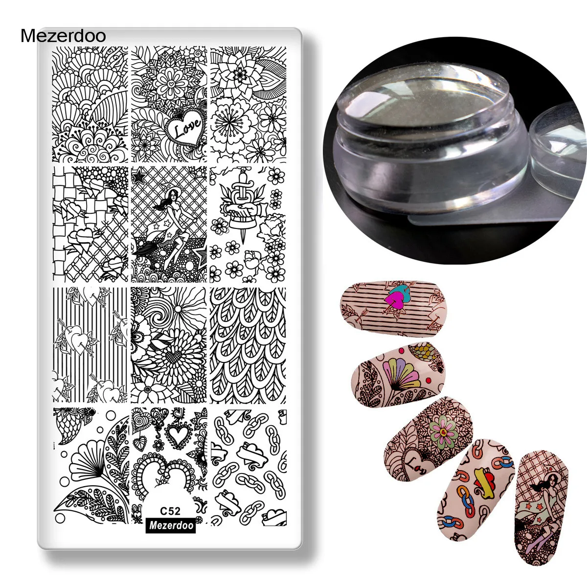 MC52 Stamper sets Набор стемперов для ногтей, желе, набор для тиснения, различные дизайнерские штампы для ногтей, изображения, металлические шаблоны, 3D художественное оформление ногтей, стемпер - Цвет: MC52 Stamper sets
