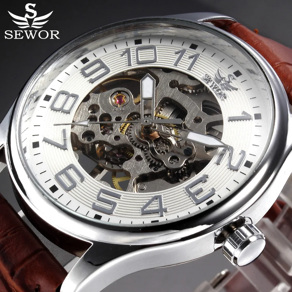 SEWOR Top Brand Black Skeleton Mechanical Watch Men Leather Wristwatches Casual Watches Clock Montre Homme Relogio Masculino | Наручные
