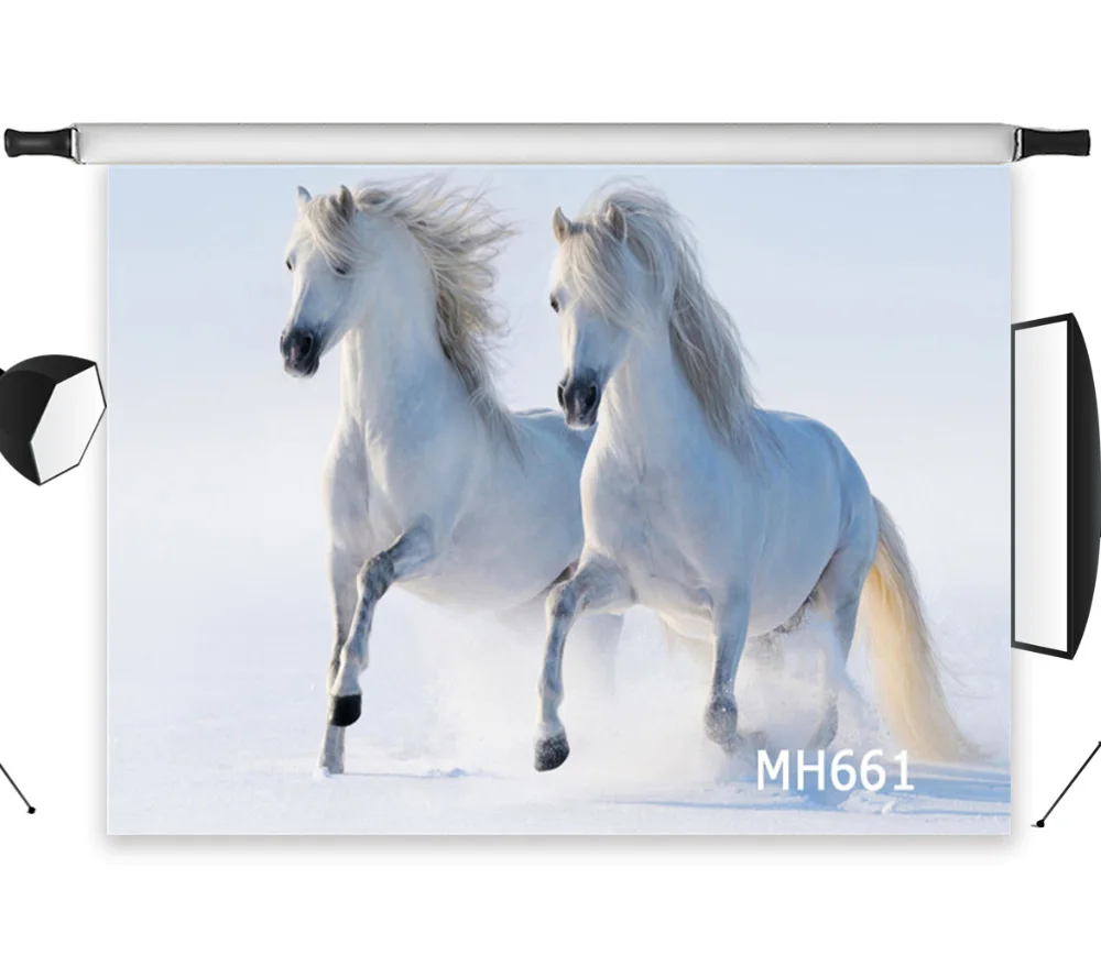 

LB Polyester & Vinyl Two White Horses Running On The Snow Backdrops Background For Photography Studio Backdrop Photo Props Decor