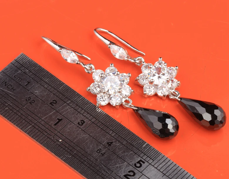 Dazzling Flowers Shape Black Onyx White Cubic zirconia 925 Sterling Silver Jewelry Drop Dangle Earrings For Women S5354