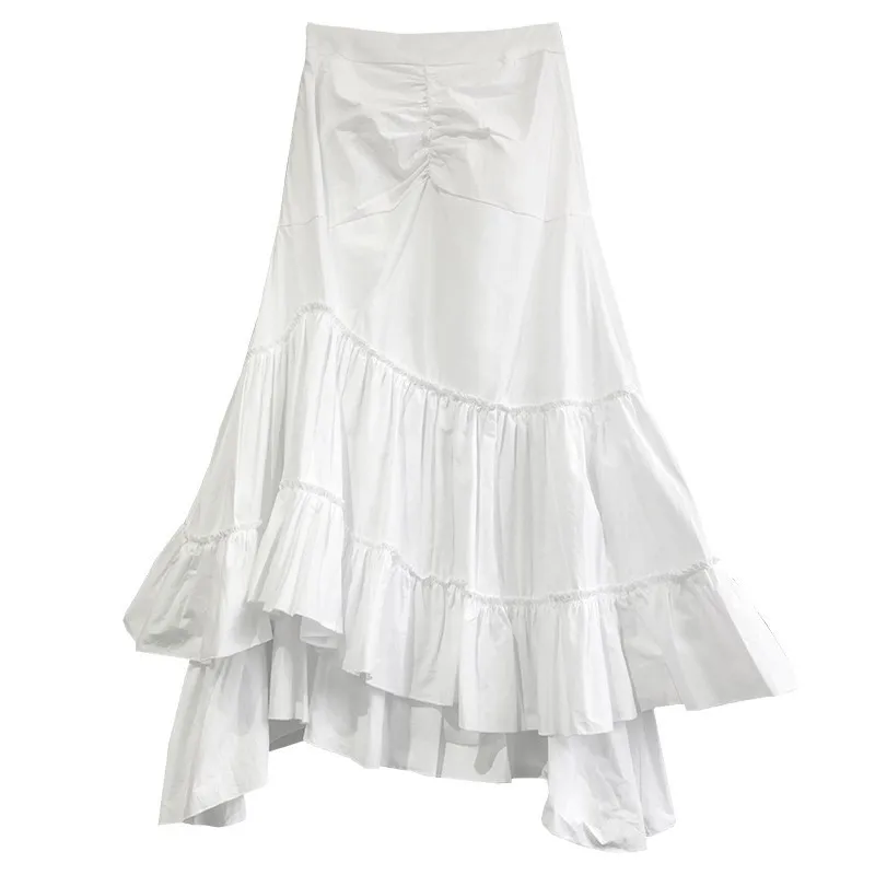 white skirt TWOTWINSTYLE Лоскутная юбка русалки с оборками женская черная юбка миди с высокой талией Женская Осенняя Повседневная модная Корейская одежда - Цвет: white skirt