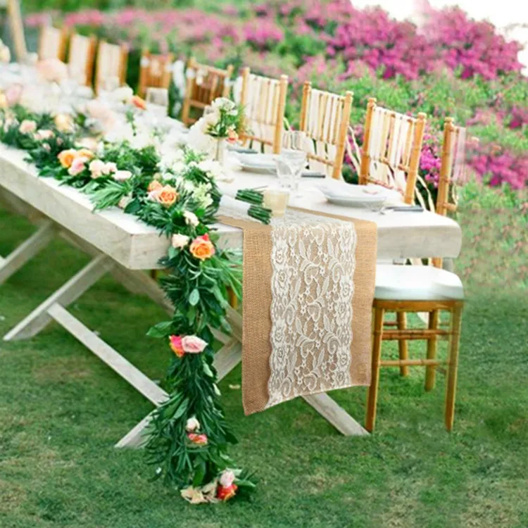 

Customize Vintage Lace Hessian Burlap Table Runner Natural Jute Country Wedding Party Decoration Farmhouse Decoration