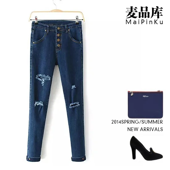 woman jeans 2014 new Slim A-breasted women skinny ripped pencil pants denim trousers |