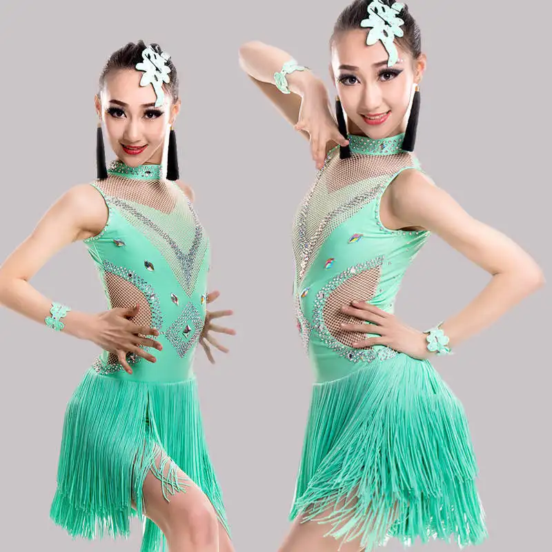 Light green Г. Новинка, юбка для танцев с бахромой для латинских танцев, Новое поступление, Сексуальная Одежда для танцев, Румба, самба платье для латинских танцев для девочек - Цвет: Light green