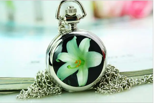 

Wholesale 10 PCS/lot Fashion charming greenish lily flower women Fashionable dress collocation Pocket watch necklace