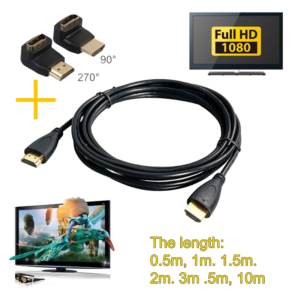 10 м HDMI кабель 19 контактов Мужской до 19 контактов Мужской позолоченный штекер HDMI V1.4 HD 1080P+ 90 270 градусов конвертер адаптер для 3D DVD HDTV