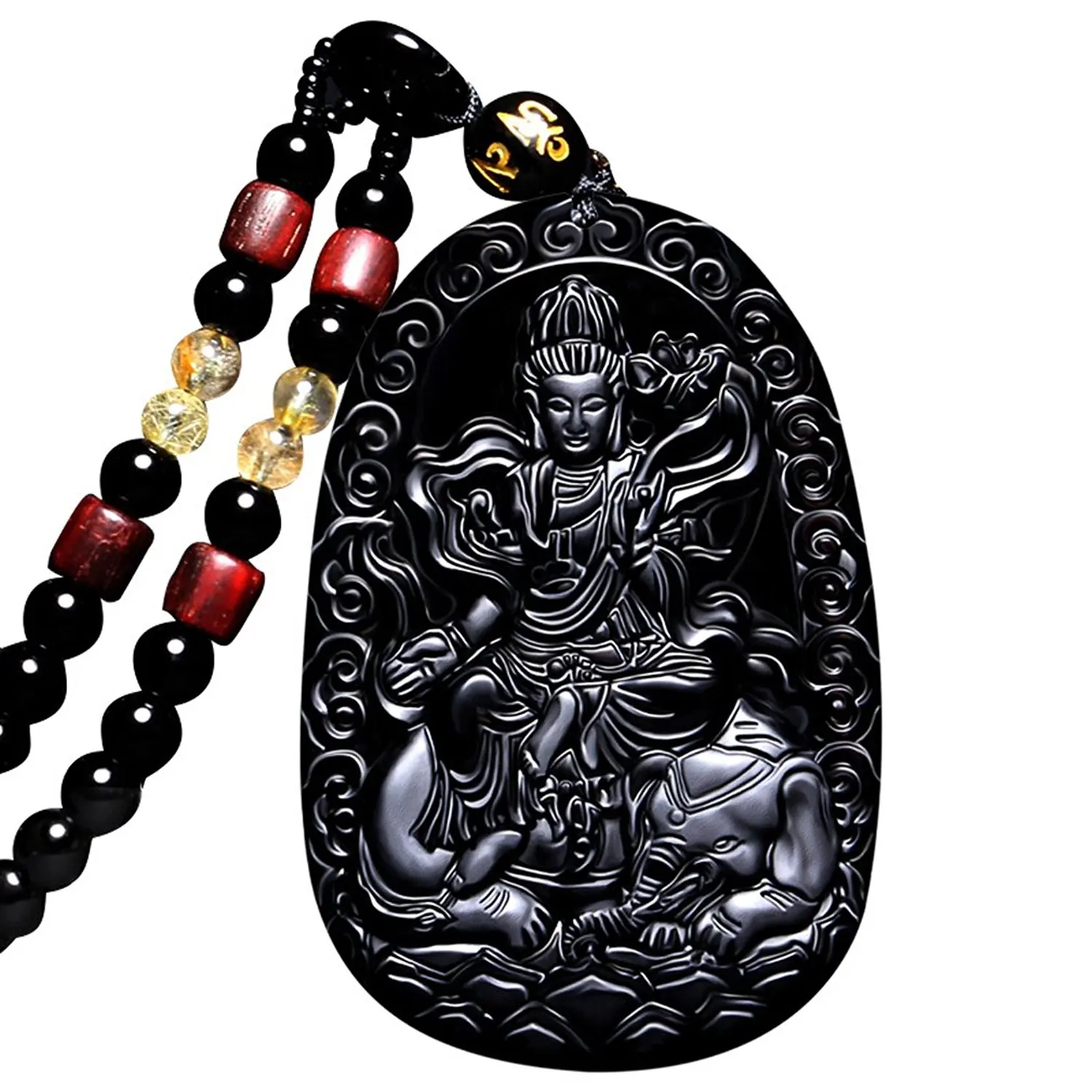 

Koraba Fine Jewelry clin-kk Buddha Bodhisattva Pendant Necklace Amulet Talisman of Obsidian Samantabhadra Free Shipping