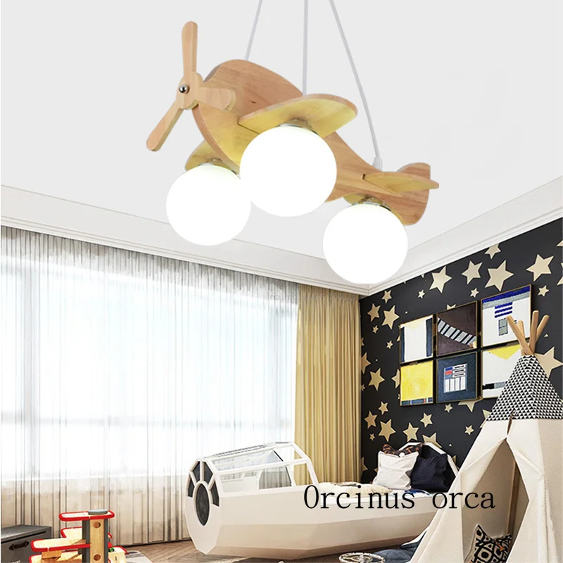 

Люстра деревянная в американском стиле, креативная мультяшная Светодиодная лампа-истребитель для спальни и мальчика, детской комнаты