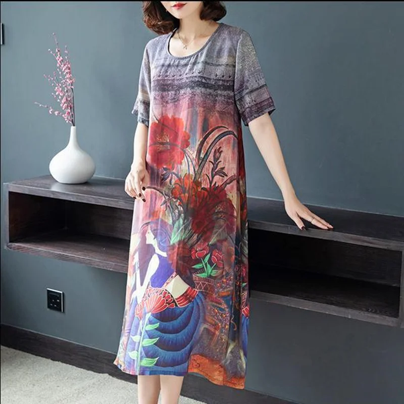 

Chiffon dress female 2019 summer new retro loose printed slim short-sleeved dress large size M-4XL high quality elegant vestidos