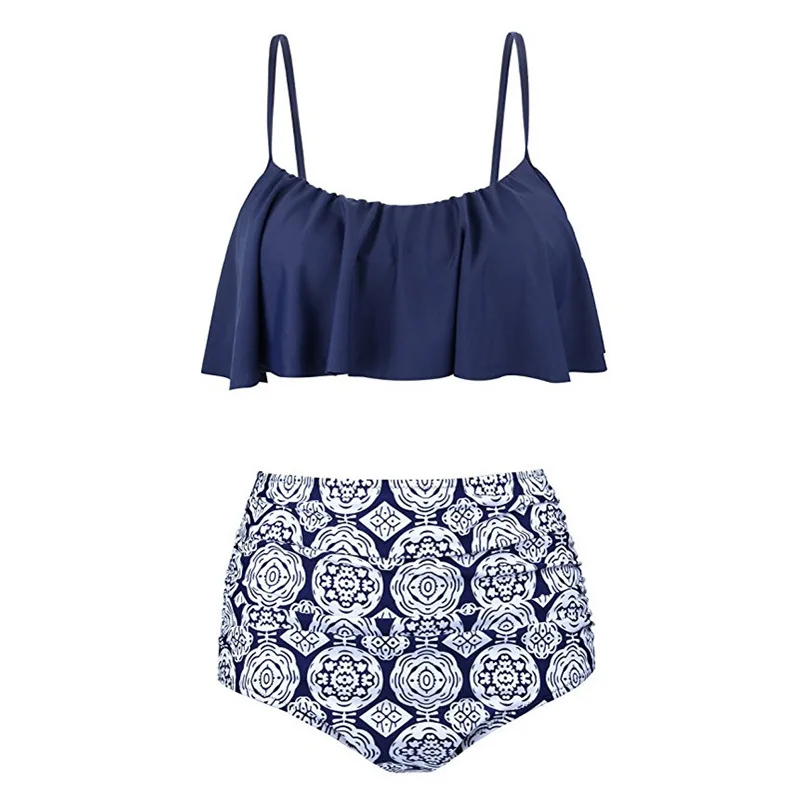Для женщин комплекты бикини Высокая Талия Плавание костюмы оборками 2 шт. одежда