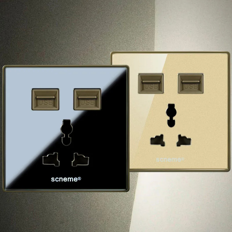Универсальная настенная розетка с двойным usb портом черная/Золотая кристальная