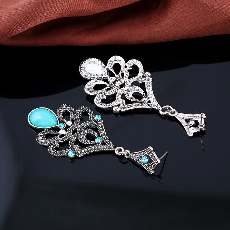 Этнические богемные бирюзовые серьги женские каплевидные с черными венами