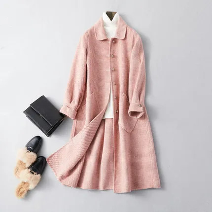 A Pink 5 button Осень г. Новое высококачественное двустороннее шерстяное пальто Женская Длинная шерстяная куртка модное красное свободное клетчатое шерстяное пальто, верхняя одежда - Цвет: A Pink 5 button