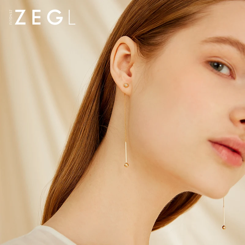 Женские серьги колечки ZEGL925 Длинные Двойные с двумя ушками ювелирные